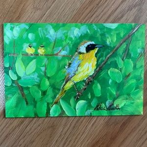 Painted bird. Artwork original. Acrylic on wooden panel 15cm x 10cm.